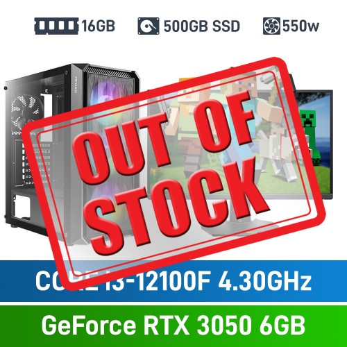 Intel Core i3-12100F / GeForce RTX 3050 6GB / 16GB RGB DDR4-3600 / 500GB NVMe SSD Budget Gaming PC