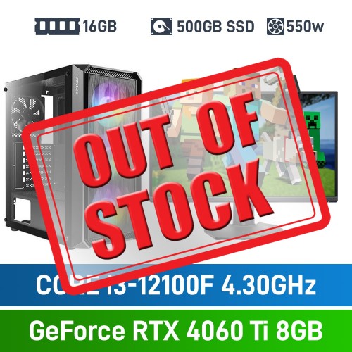 Intel Core i3-12100F / GeForce RTX 4060 Ti / 16GB RGB DDR4-3600 / 500GB NVMe SSD Budget Gaming PC