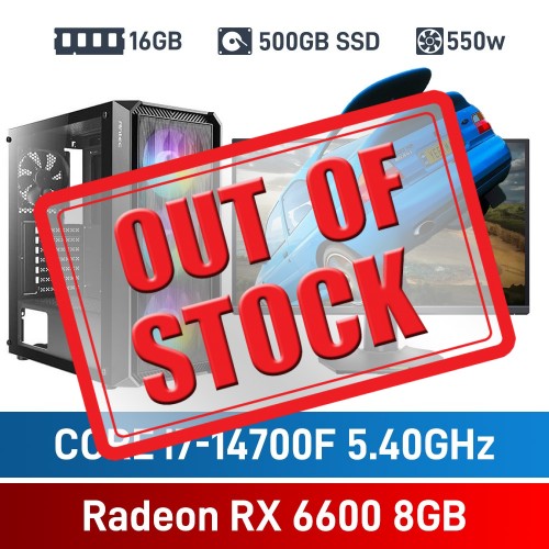 Intel Core i7-14700F / Radeon RX 6600 / 16GB RGB DDR4-3600 / 500GB NVMe SSD Budget Gaming PC
