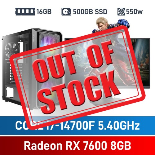 Intel Core i7-14700F / Radeon RX 7600 / 16GB RGB DDR4-3600 / 500GB NVMe SSD Budget Gaming PC Intel Core i7-14700F / Radeon RX 7600 / 16GB RGB DDR4-3600 / 500GB NVMe SSD Budget Gaming PC