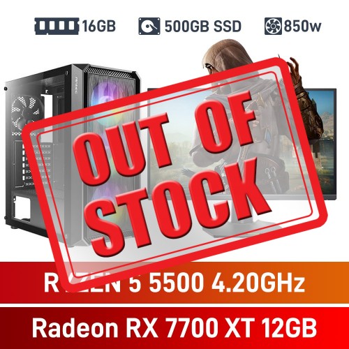 AMD Ryzen 5 5500 / Radeon RX 7700 XT / 16GB RGB DDR4-3600 / 500GB NVMe SSD Budget Gaming PC AMD Ryzen 5 5500 / Radeon RX 7700 XT / 16GB RGB DDR4-3600 / 500GB NVMe SSD Budget Gaming PC