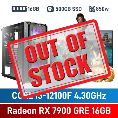 Intel Core i3-12100F / Radeon RX 7900 GRE / 16GB RGB DDR4-3600 / 500GB NVMe SSD Budget Gaming PC