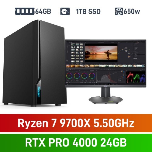 AMD Ryzen 7 9700X / NVIDIA RTX PRO 4000 Blackwell 24GB / 64GB DDR5 / 1TB NVMe SSD Elegant Workstation PC