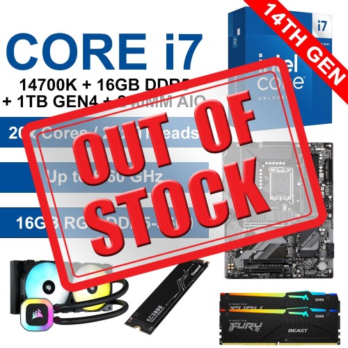 Intel Core i7-14700K / Gigabyte B760 Gaming X Motherboard / 16GB RGB DDR5-5600 / 1TB NVMe Gen4 SSD / Corsair H100 AIO Upgrade Kit