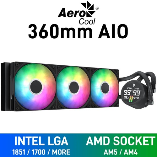 AeroCool ABYSS L360R DIGI ARGB AIO Liquid Cooler with Segment LCD Display, 360mm — Black
