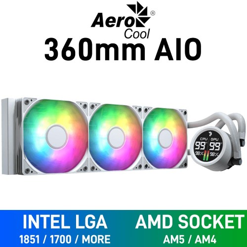 AeroCool ABYSS L360R DIGI ARGB AIO Liquid Cooler with Segment LCD Display, 360mm — White