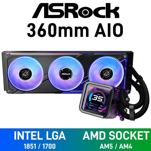ASRock PHANTOM GAMING LCD ARGB AIO Liquid Cooler with LCD Display, 360mm — Black ASRock PHANTOM GAMING LCD ARGB AIO Liquid Cooler with LCD Display, 360mm — Black