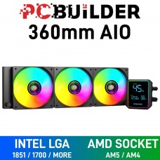 PCBuilder BLIZZARD FREEZE ARGB AIO Liquid Cooler with Segmented LCD Display, 360mm — Black