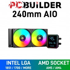 PCBuilder BLIZZARD FROST ARGB AIO Liquid Cooler with Segmented LCD Display, 240mm — Black