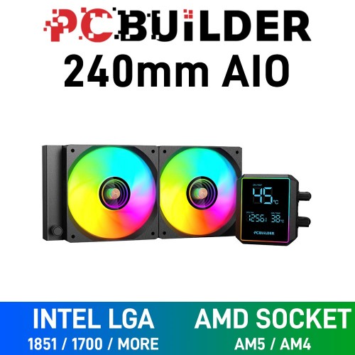 PCBuilder BLIZZARD FROST ARGB AIO Liquid Cooler with Segmented LCD Display, 240mm — Black