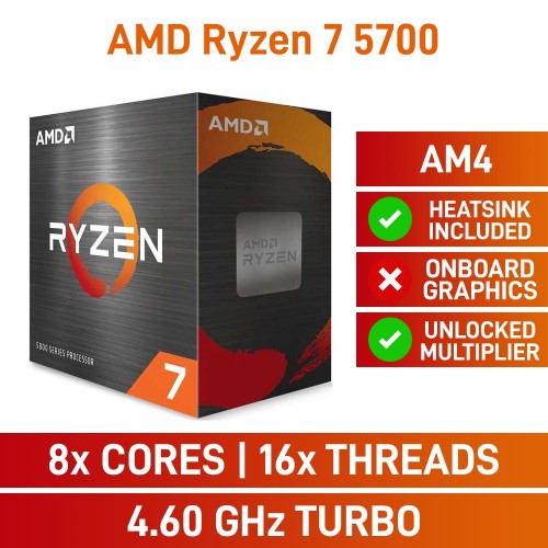 AMD Ryzen 7 5700 8-Core CPU, Unlocked Multiplier, Socket AM4, 3.7GHz (4.6GHz Boost)