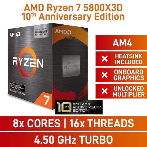 AMD Ryzen 7 5800X3D 10th Anniversary 8-Core CPU, No Cooler, Socket AM4, 3.4GHz (4.5GHz Boost)