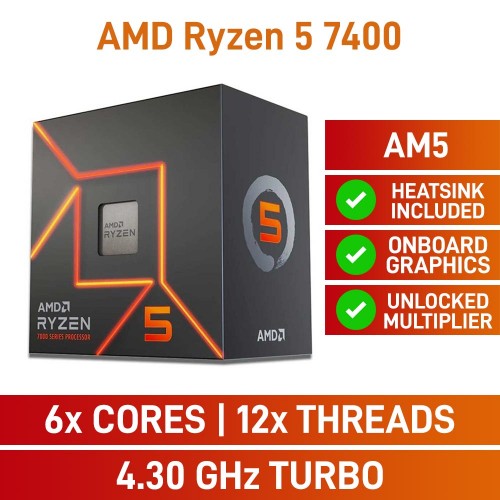 AMD Ryzen 5 7400 6-Core CPU, Unlocked Multiplier, Socket AM5, 3.3GHz (4.3GHz Boost)