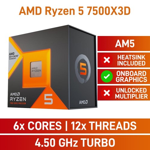 AMD Ryzen 5 7500X3D 6-Core CPU, No Cooler, Socket AM5, 4.0GHz (4.5GHz Boost)