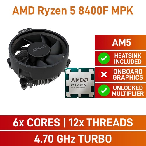 AMD Ryzen 5 8400F 6-Core MPK CPU, Socket AM5, 4.2GHz (4.7GHz Boost) AMD Ryzen 5 8400F 6-Core MPK CPU, Socket AM5, 4.2GHz (4.7GHz Boost)