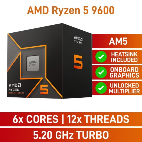 AMD Ryzen 5 9600 6-Core CPU, Unlocked Multiplier, Socket AM5, 3.8GHz (5.2GHz Boost) AMD Ryzen 5 9600 6-Core CPU, Unlocked Multiplier, Socket AM5, 3.8GHz (5.2GHz Boost)
