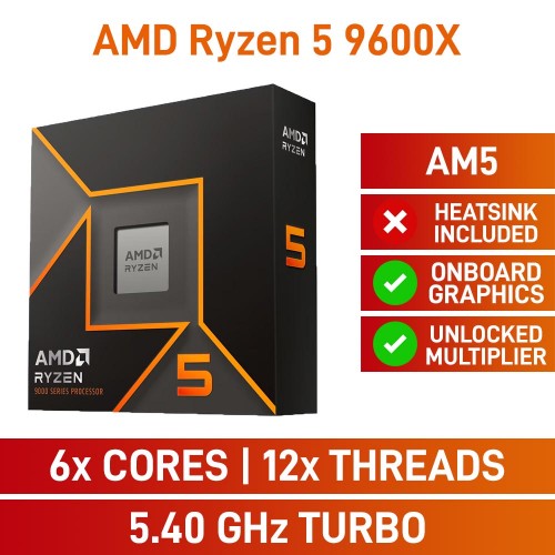 AMD Ryzen 5 9600X 6-Core CPU, No Cooler, Unlocked Multiplier, Socket AM5, 3.9GHz (5.4GHz Boost)