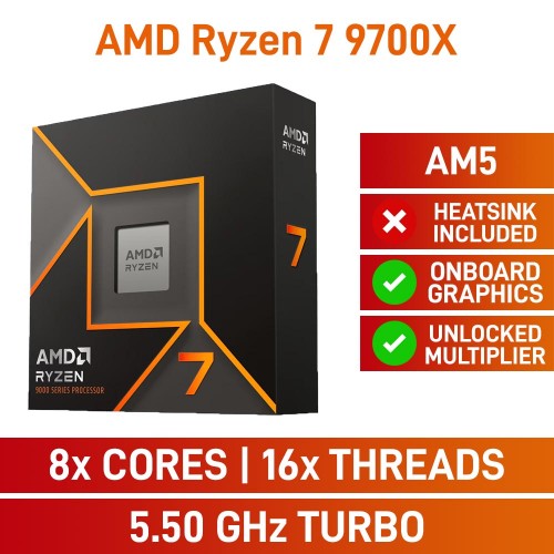 AMD Ryzen 7 9700X 8-Core CPU, No Cooler, Unlocked Multiplier, Socket AM5, 3.8GHz (5.5GHz Boost)