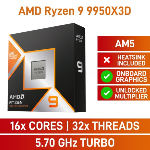 AMD Ryzen 9 9950X3D 16-Core CPU, No Cooler, Unlocked Multiplier