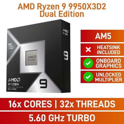 AMD Ryzen 9 9950X3D2 DUAL EDITION 16-Core CPU, No Cooler, Unlocked Multiplier, Socket AM5, 4.3GHz (5.6GHz Boost)