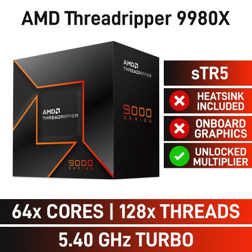 AMD Ryzen Threadripper 9980X 64-Core CPU, Socket sTR5, 3.2GHz (5.4GHz Boost)