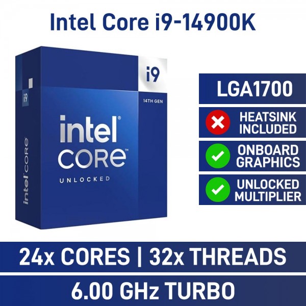 Intel Core i9-14900K 24 Core CPU with HyperThreading, No Cooler