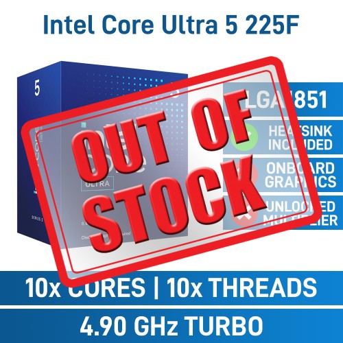 Intel Core Ultra 5 225F 10 Core CPU, LGA1851, 3.3GHz (4.9GHz Turbo)
