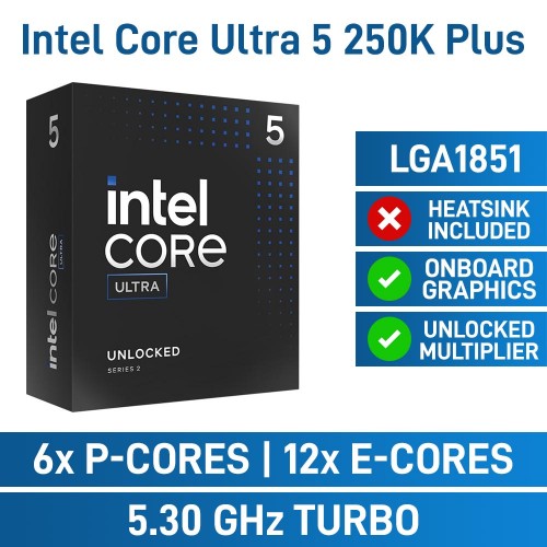 Intel Core Ultra 5 250K PLUS 18 Core CPU, No Cooler, LGA1851, 4.2GHz (5.3GHz Turbo)