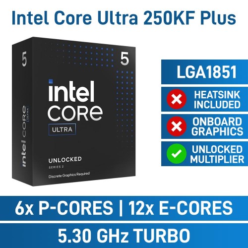 Intel Core Ultra 5 250KF PLUS 18 Core CPU, No Cooler, LGA1851, 4.2GHz (5.3GHz Turbo)