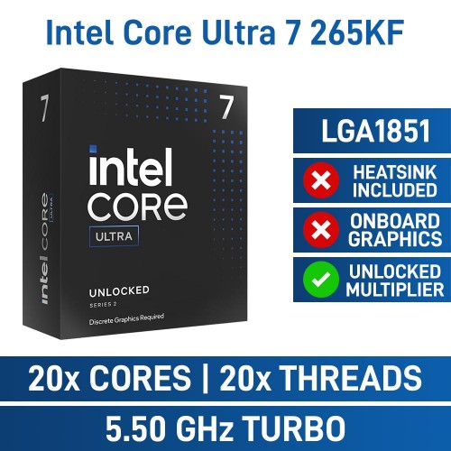 Intel Core Ultra 7 265KF 20 Core CPU, No Cooler, LGA1851, 3.9GHz (5.5GHz Turbo)