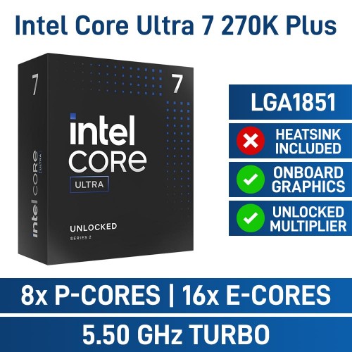 Intel Core Ultra 7 270K PLUS 24 Core CPU, No Cooler, LGA1851, 3.7GHz (5.5GHz Turbo)