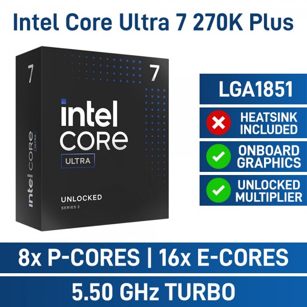 Intel Core Ultra 7 270K PLUS 24 Core CPU, No Cooler, LGA1851, 3.7