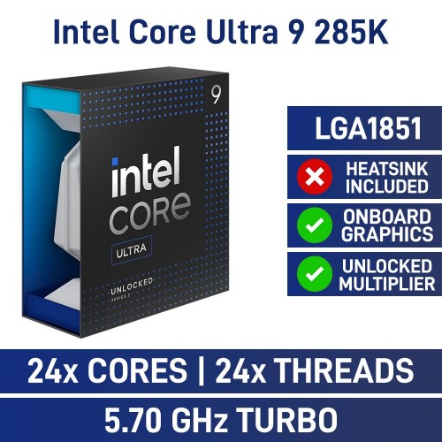 Intel Core Ultra 9 285K 24 Core CPU, No Cooler, LGA1851, 3.7GHz (5.7GHz Turbo)