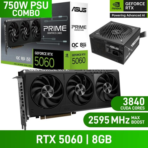ASUS PRIME GeForce RTX 5060 OC Edition 8GB GDDR7 Graphics Card, 8GB + ASUS PRIME 750B ATX PSU, 750w