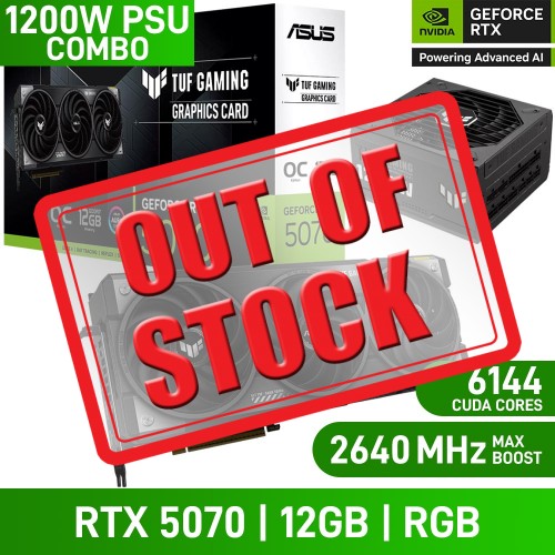 ASUS TUF GAMING GeForce RTX 5070 OC EDITION 12GB GDDR7 Graphics Card, 12GB + ASUS TUF GAMING ATX 3.1 PSU, 1200w ASUS TUF GAMING GeForce RTX 5070 OC EDITION 12GB GDDR7 Graphics Card, 12GB + ASUS TUF GAMING ATX 3.1 PSU, 1200w