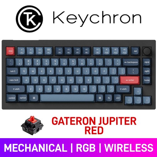 Keychron V1 MAX QMK/VIA RGB Custom Wireless 75% TKL Mechanical Gaming Keyboard with Hot-Swappable Switches, Black — Gateron Jupiter Red