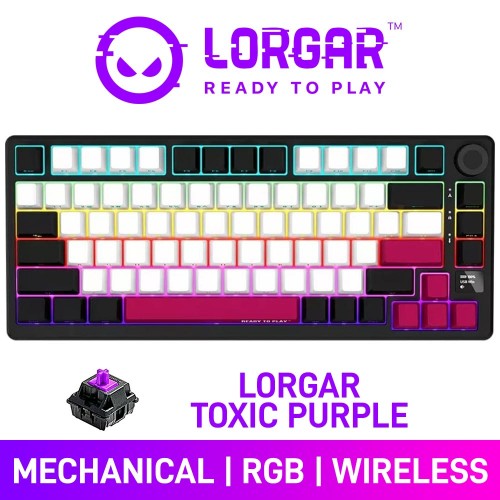Lorgar KBP7075W RGB Wireless 75% TKL Mechanical Gaming Keyboard with Display & Hot-Swappable Switches, Black — Lorgar Toxic Purple Lorgar KBP7075W RGB Wireless 75% TKL Mechanical Gaming Keyboard with Display & Hot-Swappable Switches, Black — Lorgar Toxic Purple