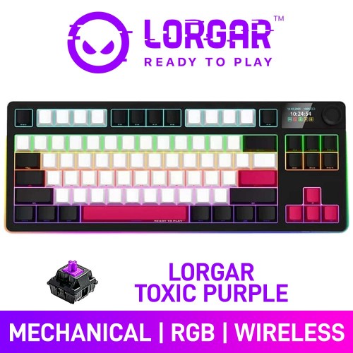 Lorgar KBP70TKLW RGB Wireless 80% TKL Mechanical Gaming Keyboard with Display & Hot-Swappable Switches, Black — Lorgar Toxic Purple
