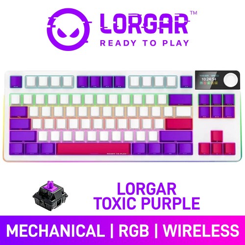 Lorgar KBP70TKLW RGB Wireless 80% TKL Mechanical Gaming Keyboard with Display & Hot-Swappable Switches, White — Lorgar Toxic Purple