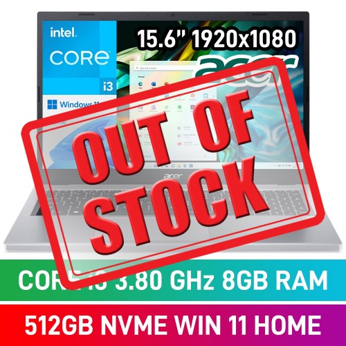 Acer Aspire 3 15 A315-510P-337G Laptop — Core i3-N305 / 15.6" FHD / 8GB DDR5 RAM / 512GB NVMe SSD / Windows 11 Home / Pure Silver