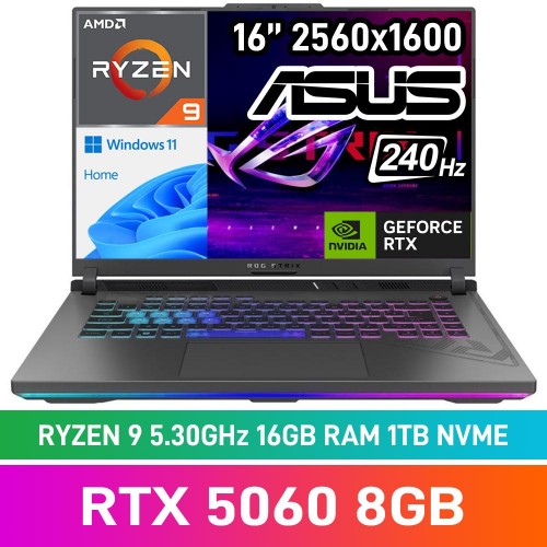 ASUS ROG STRIX G16 (2025) G614PM-91610G0W Laptop — AMD Ryzen 9 8940HX / 16" WQXGA 240Hz G-SYNC HDR / 16GB DDR5 RAM / GeForce RTX 5060 8GB / 1TB Gen4 NVMe / Windows 11 Home / Eclipse Grey