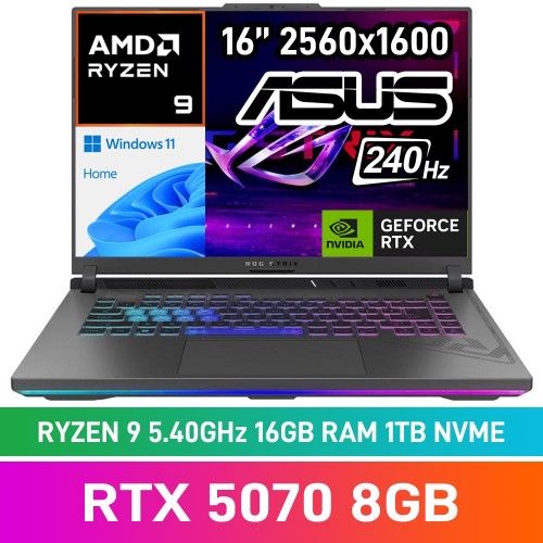 ASUS ROG STRIX G16 (2025) G614FP-91610G0W Laptop — Ryzen 9 9955HX / 16" WQXGA 240Hz G-SYNC HDR / 16GB DDR5 RAM / GeForce RTX 5070 8GB / 1TB Gen4 NVMe / Windows 11 Home / Eclipse Grey
