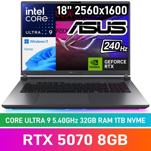 ASUS ROG STRIX G18 (2025) G815LP-U93210G0W Laptop — Intel Core Ultra 9 275HX / 18" WQXGA 240Hz / 32GB DDR5 RAM / GeForce RTX 5070 8GB / 1TB Gen4 NVMe / Windows 11 Home / Eclipse Grey