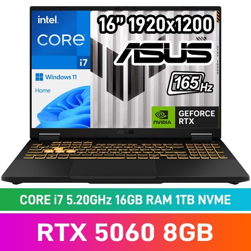 ASUS TUF GAMING F16 (2025) FX608JMR-I71610G0W Laptop — Intel Core i7-14650HX / 16" WUXGA 165Hz / 16GB DDR5 RAM / GeForce RTX 5060 8GB / 1TB Gen4 NVMe / Windows 11 Home / Jaegar Grey