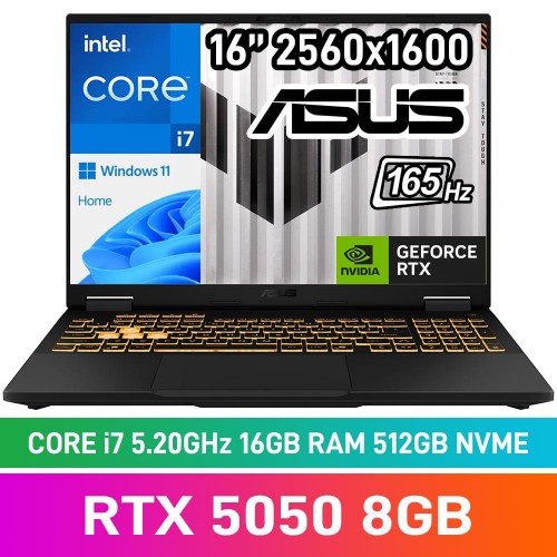 ASUS TUF GAMING F16 (2025) FX608JHR-I716512G0W Laptop — Intel Core i7-14650HX / 16" WQXGA 165Hz / 16GB DDR5 RAM / GeForce RTX 5050 8GB / 512GB Gen4 NVMe / Windows 11 Home / Jaegar Grey ASUS TUF GAMING F16 (2025) FX608JHR-I716512G0W Laptop — Intel Core i7-14650HX / 16" WQXGA 165Hz / 16GB DDR5 RAM / GeForce RTX 5050 8GB / 512GB Gen4 NVMe / Windows 11 Home / Jaegar Grey