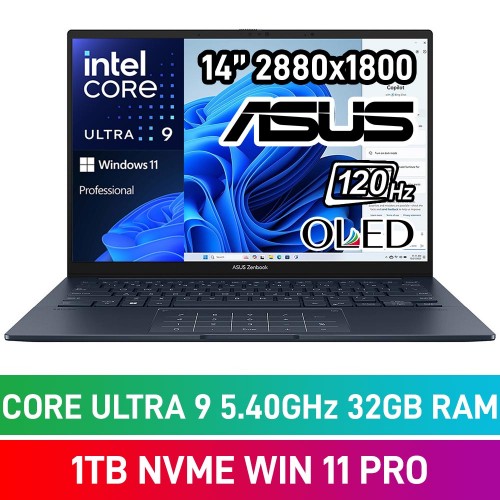 ASUS ZenBook 14 OLED UX3405CA-OU93210BL0X Laptop — Core Ultra 9 285H / 14" WQXGA+ 120Hz OLED HDR Touchscreen / 32GB DDR5 RAM / 1TB Gen4 NVMe SSD / Windows 11 Pro / Ponder Blue