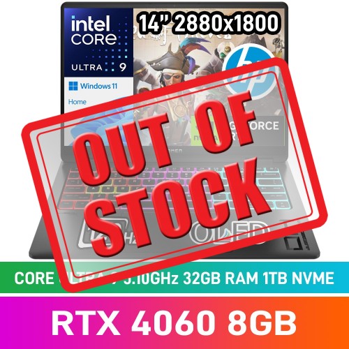 HP OMEN TRANSCEND 14 A19LCEA Laptop — Core Ultra 9 185H / 14" WQXGA+ 120Hz OLED / 32GB DDR5 / GeForce RTX 4060 8GB / 1TB Gen4 NVMe SSD / Windows 11 Home / Shadow Black