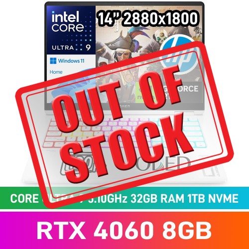 HP OMEN TRANSCEND 14 B20ZLEA Laptop — Core Ultra 9 185H / 14" WQXGA+ 120Hz OLED / 32GB DDR5 / GeForce RTX 4060 8GB / 1TB Gen4 NVMe SSD / Windows 11 Home / Ceramic White