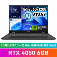 MSI PRESTIGE 16 AI STUDIO B1VEG-050ZA Laptop — Core Ultra 7 155H / 16" WQXGA / 16GB DDR5 RAM / GeForce RTX 4050 6GB / 1TB Gen4 NVMe SSD / Windows 11 Home / Stellar Gray