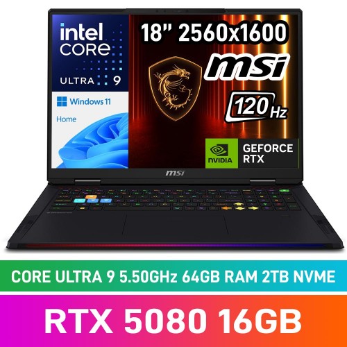 MSI RAIDER 18 HX AI A2XWIG-265ZA Laptop — Intel Core Ultra 9 285HX / 18" WQUXGA 120Hz Mini-LED / 64GB DDR5 RAM / GeForce RTX 5080 16GB / 2TB Gen5 NVMe SSD / Windows 11 Home / Core Black